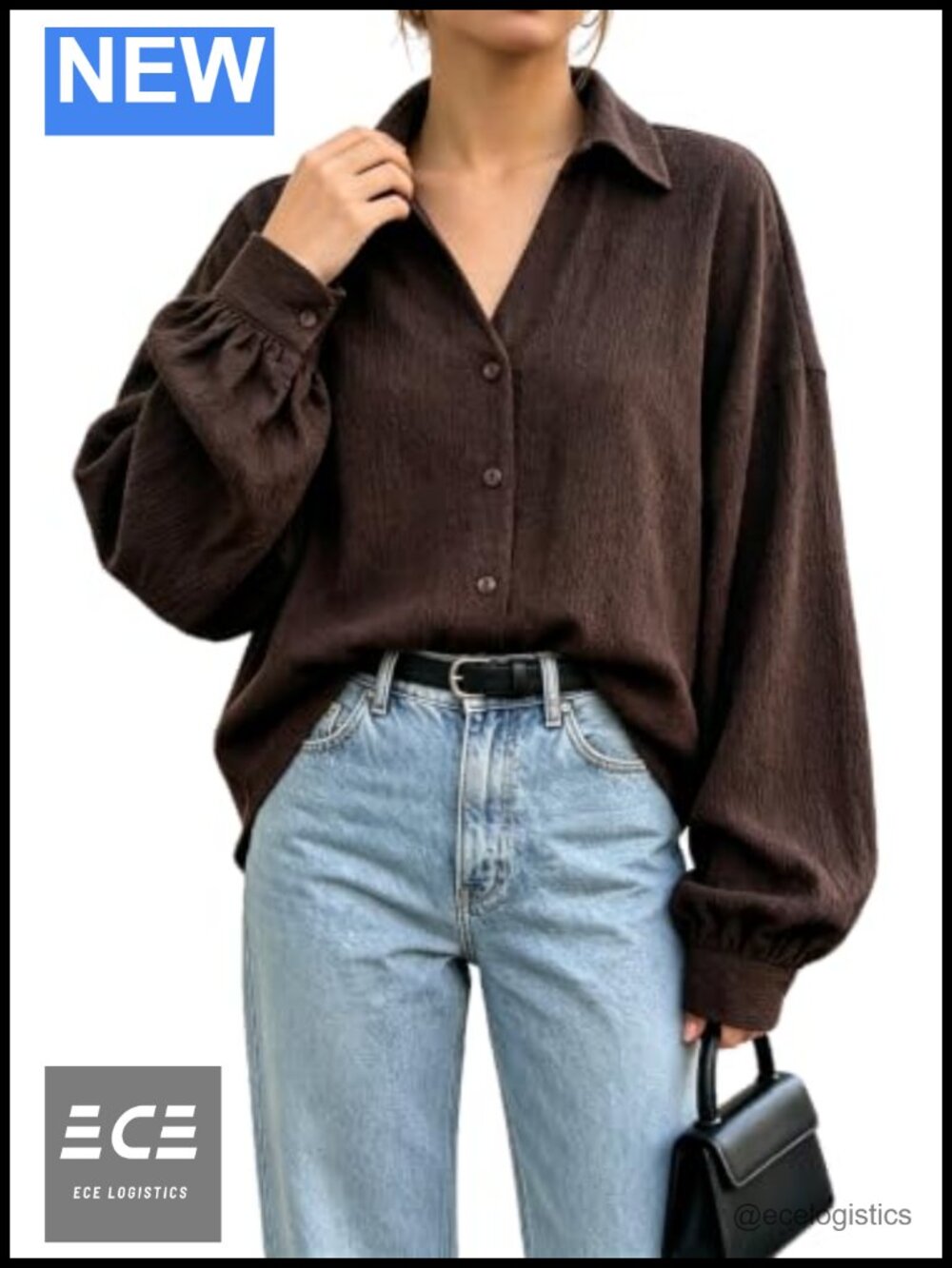 Oversized Button Down Shirt Long Sleeve Collared Ribbed Knit Blouse